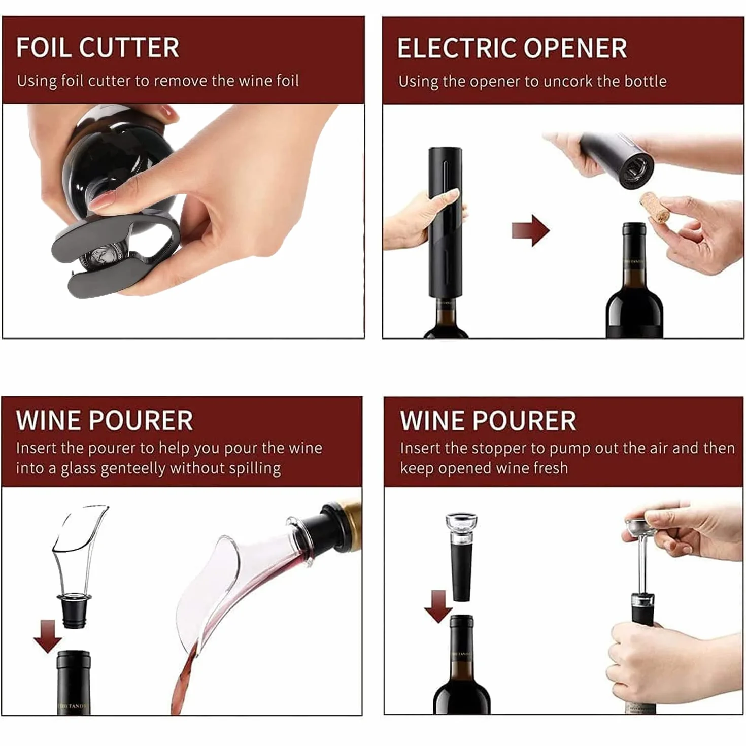 Sacacorchos Eléctrico, USB Recargable Abridor de Vino Automatico Profesional 6 en 1 con Base, Cortacapsulas Botella, Vertedor de Vino, Tapón de Vino de Vacío