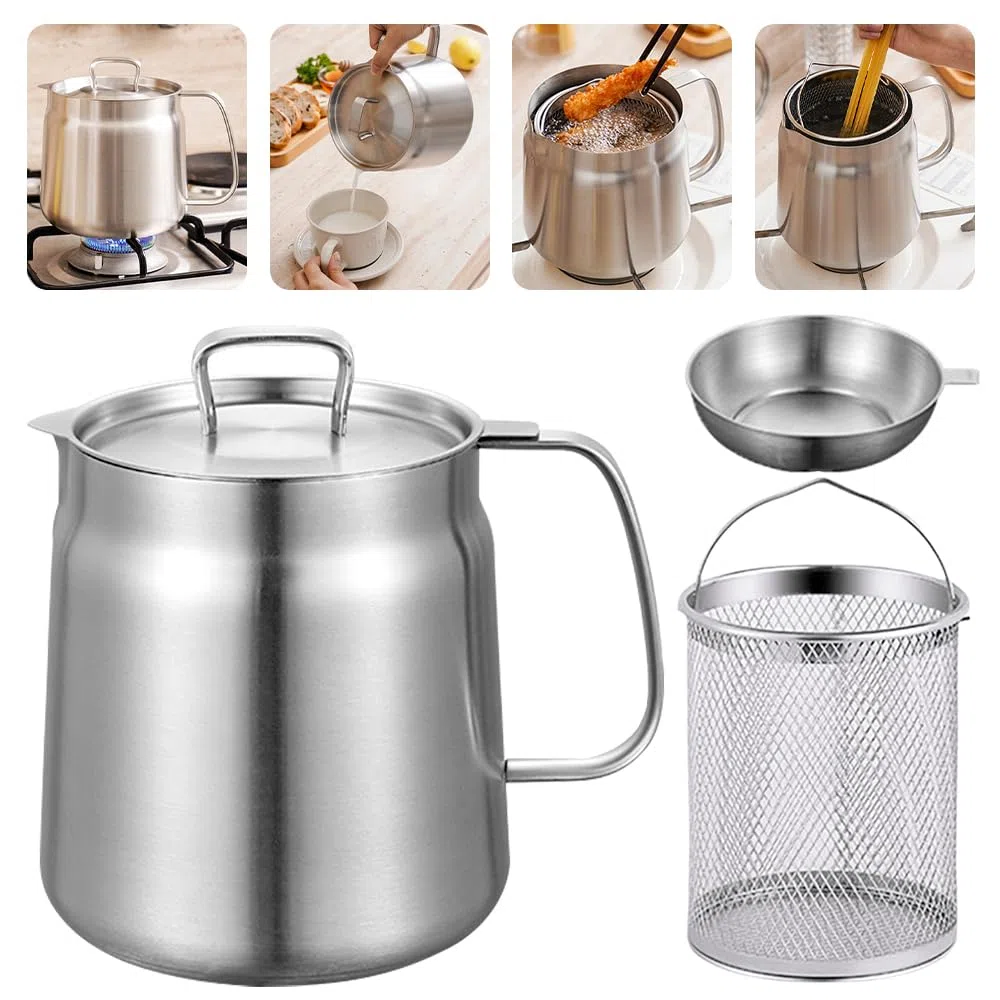 Olla de Filtro de Aceite de Acero Inoxidable, 2L Contenedor de Grasa con Colador de Malla Fina y Cesta para Freír, Protector de Grasa de Tocino, Versátil Recipiente Aceite para Cocina