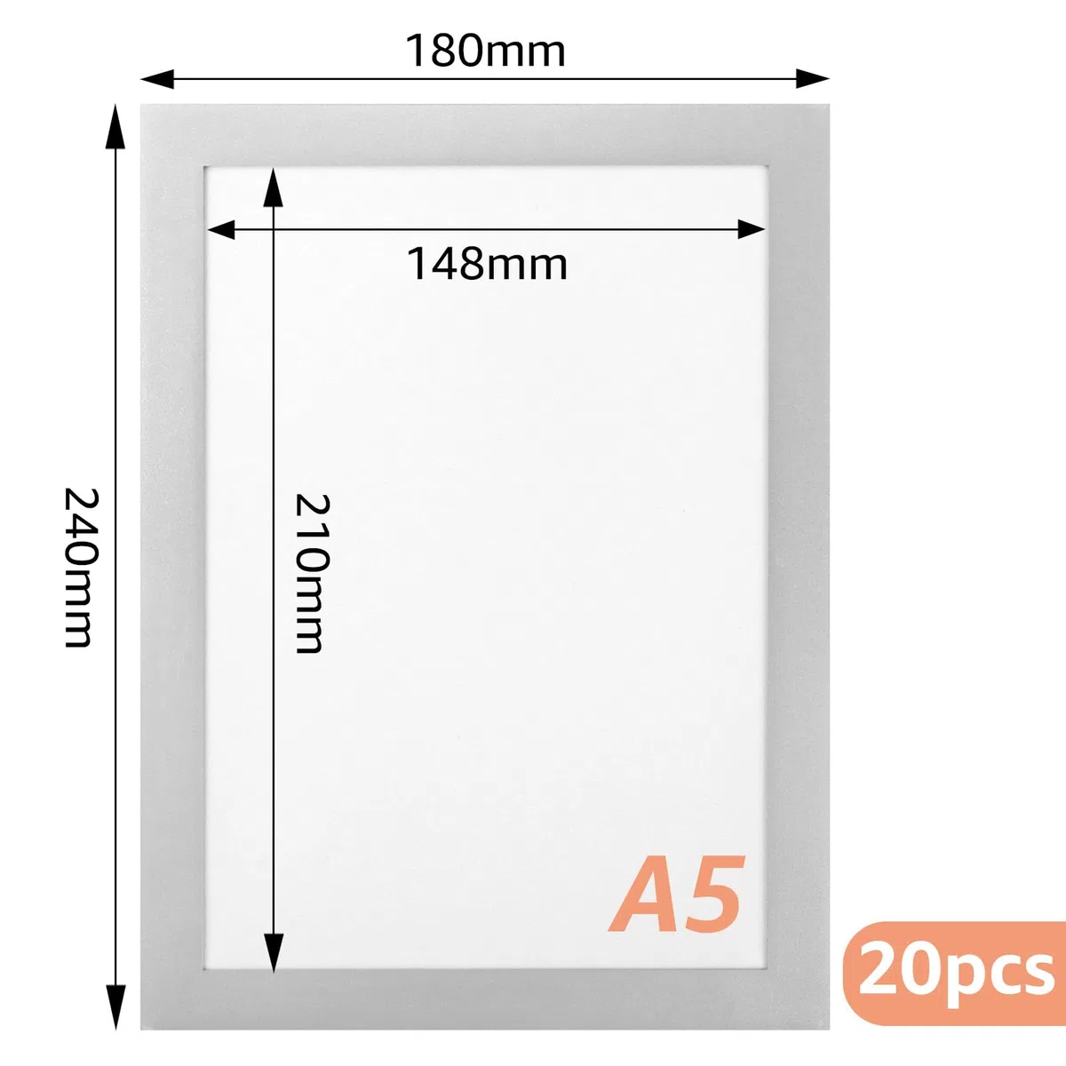 20 Piezas Marco Magnetico A5, Marco A5 de PVC Transparente Autoadhesivo 180 x 240 mm, Portadocumentos Pared Color Plata para Carteles, Avisos, Fotos, Oficina y Tienda
