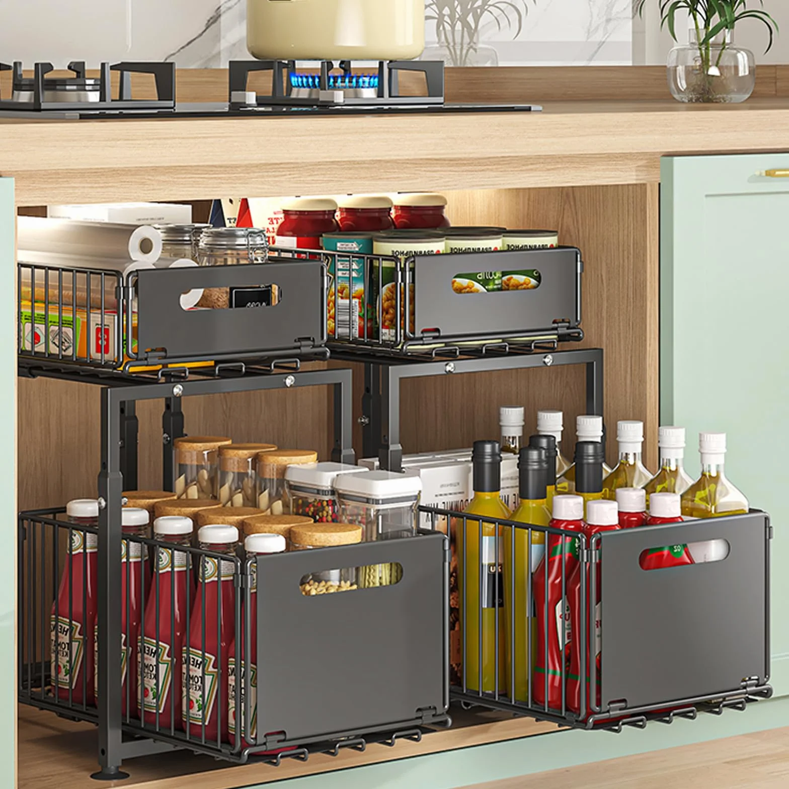 YunNasi Organizador de Cocina Almacenamiento bajo Fregadero de Metal Organizador 2 Niveles Extraíble Estante para Especias (Negro, Modelo-A)