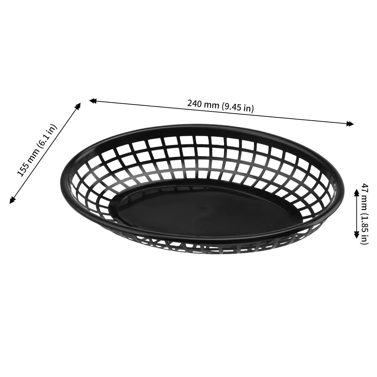 JAPCHET 50 cestas ovaladas de plástico reutilizables para comida rápida - Para servir hamburguesas, sándwiches, papas fritas - Ideales para picnics, barbacoas, fiestas - Negro, 24 x 15,5 x 4,7 cm