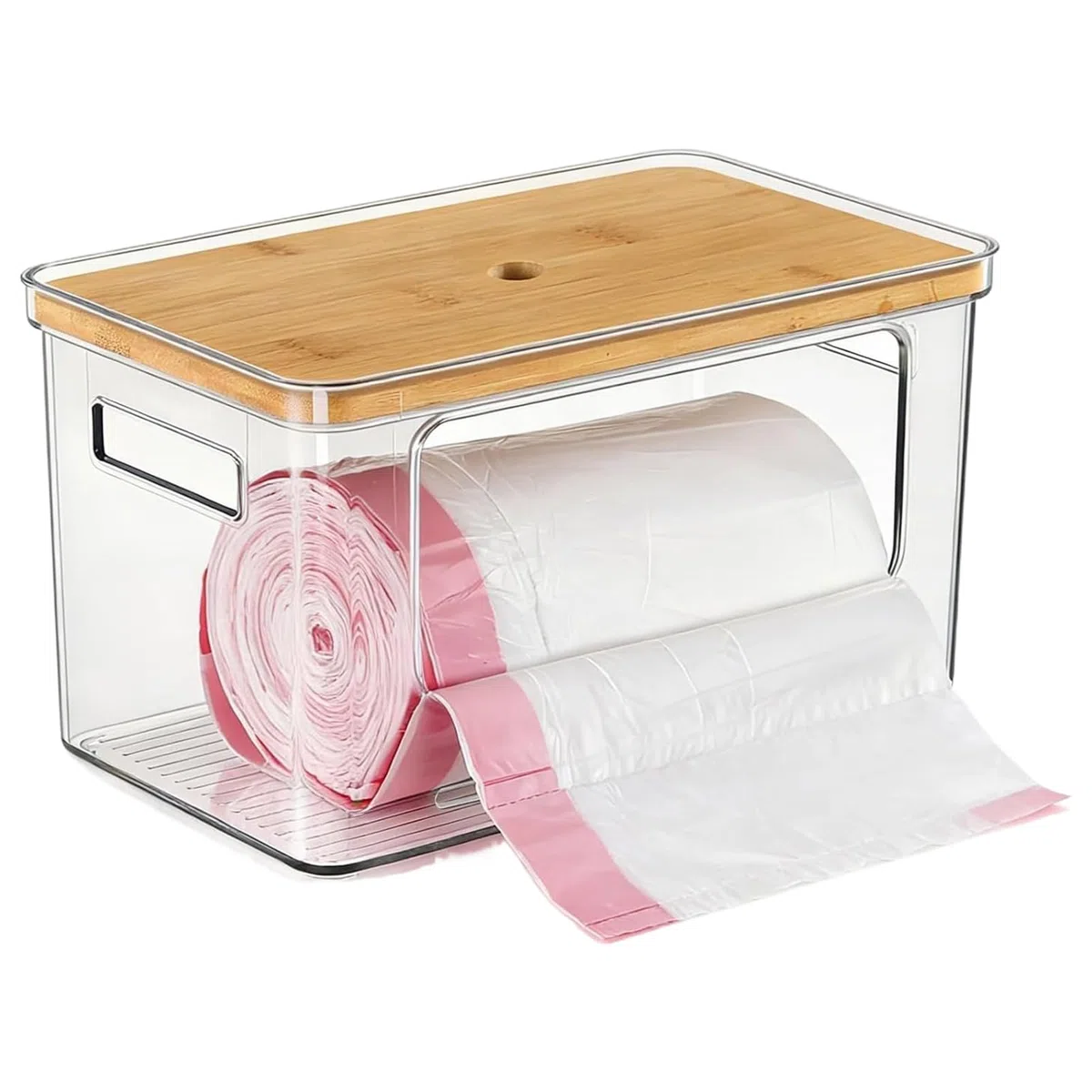 Dispensador de bolsas de basura, contenedor compacto de 29,5 x 19 x 18 cm, funda transparente de PET, organizador apilable que ahorra espacio con ranura frontal, almacenamiento de bolsas de