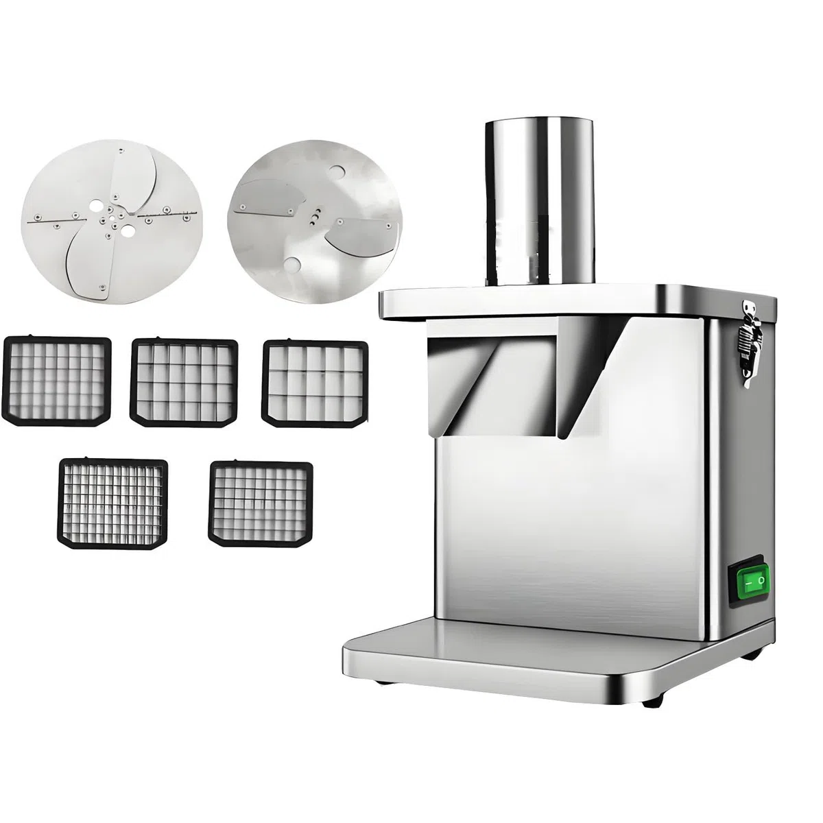 Cortador eléctrico de Verduras y Frutas de 250 W, con Cuchillas y moldes de Corte de 6/8/10/12/15 mm, de Acero Inoxidable, para Uso doméstico o Comercial. 110v