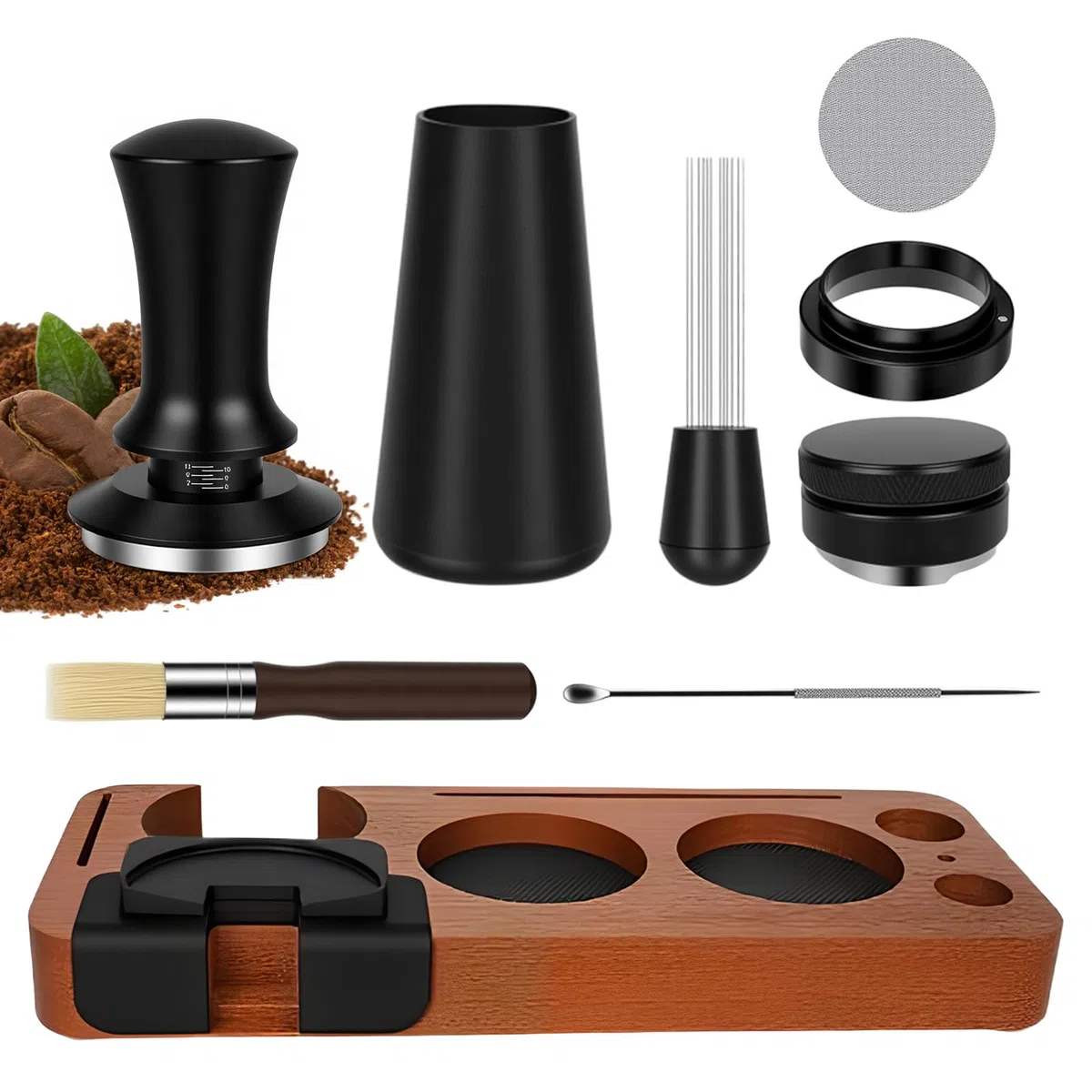 Set de Accesorios para Espresso de 8 Piezas, para Máquinas Espresso | Prensador 51mm con Estación de Prensado, Nivelador, Herramienta WDT, Anillo Dosificador, Cepillo, Filtro Puck Screen, Varilla
