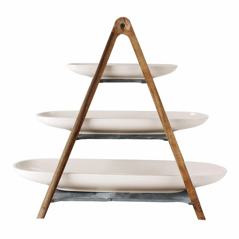 Villeroy & Boch - Artesano Bandeja de Pisos 4 Piezas Blanco, Apto para Lavavajillas, Apto para Microondas, Decoración Casa Moderna, Cerámica Decorativa, Madera de Acacia, Porcelana Premium, Esquisto