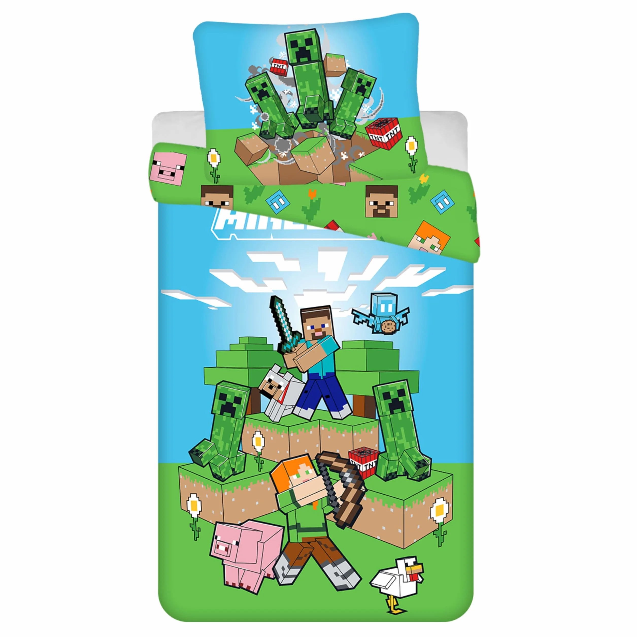 Juego de ropa de cama infantil Minecraft, juego completo de dos piezas, funda de edredón 140 x 200 cm, funda de almohada 70 x 90 cm, con cremallera, 100% algodón, certificado Öko-Tex Standard 100