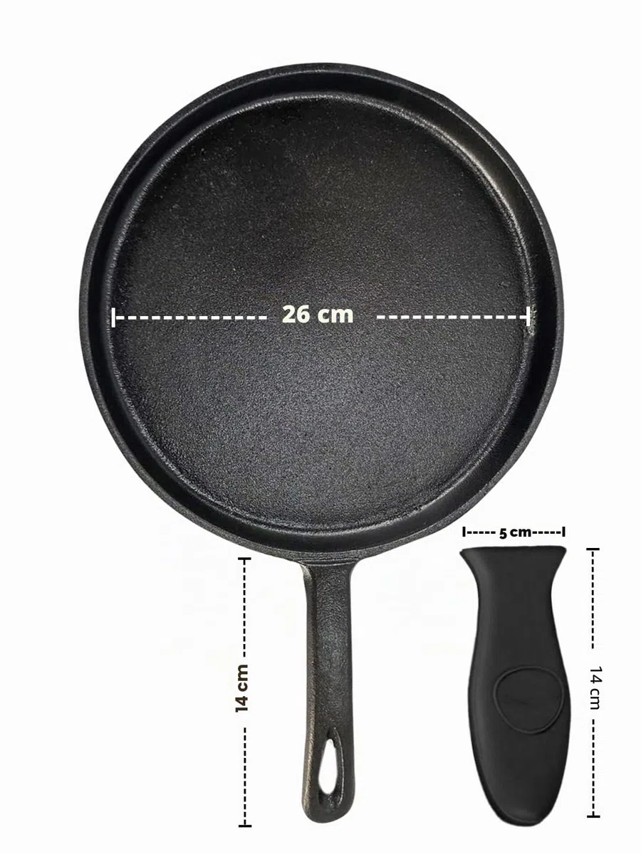 Tortillada – 26cm Plancha/Sartén de hierro fundido sazonado para Crepes + Soporte para mango caliente + E-book con 50 Recetas con Tortillas