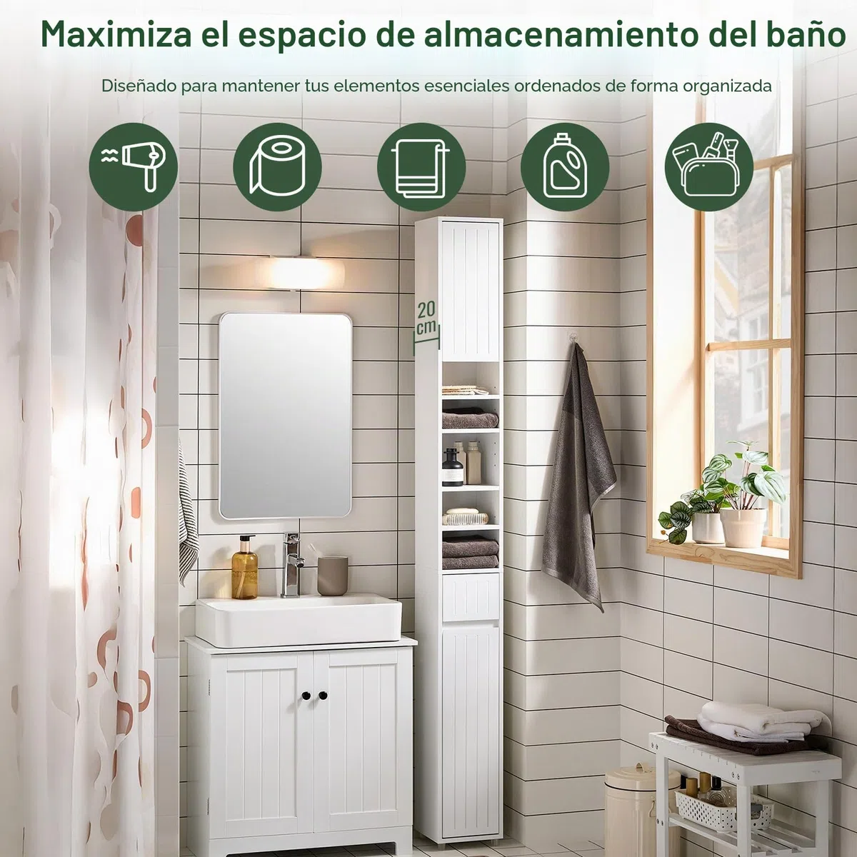SoBuy Mueble Baño Alto Armario Baño Estrecho 20x180x20 cm Blanco | Mueble Baño Auxiliar, Armario Columna Baño con Puertas, Cajón y Estantes, Mueble Almacenaje Estrecho, BZR160-W
