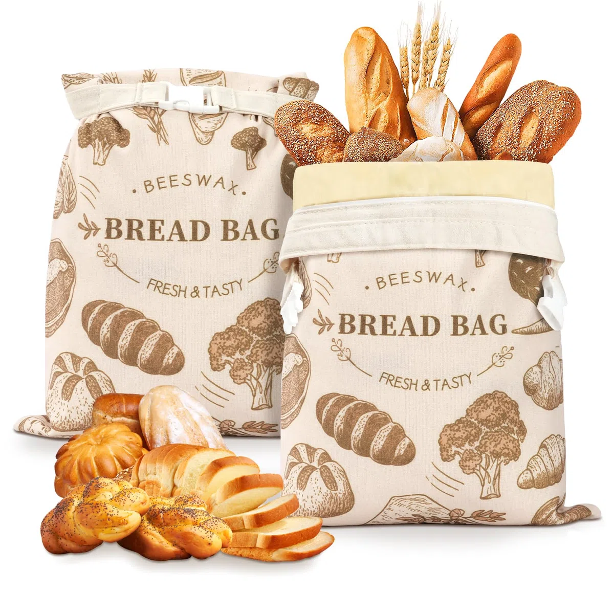 Bolsas de pan de cera de abejas, 2 unidades, reutilizables, de lino, para guardar el pan con cierre de cremallera, para mantener frescos el pan y los productos horneados, 43 x 33 cm