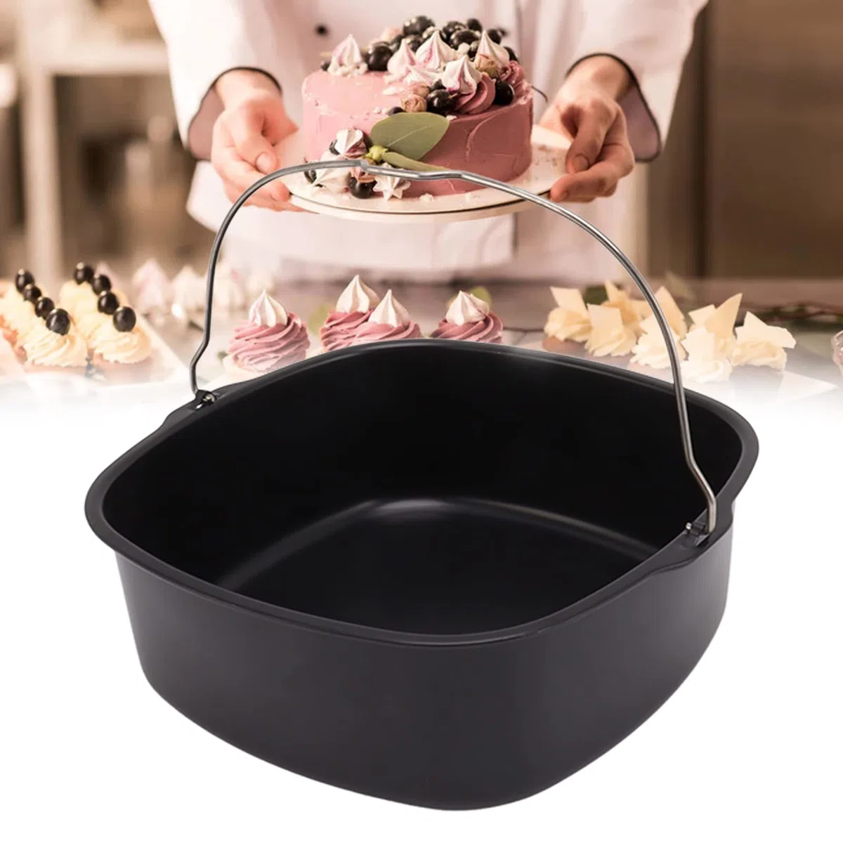 Fdit Barril para Tartas para Freidora, Metal de Calidad Alimentaria, Apto para Lavavajillas, Apto para la Mayoría de Freidoras, Bandeja para Hornear para Guisos, Pasteles, Panes, Gris
