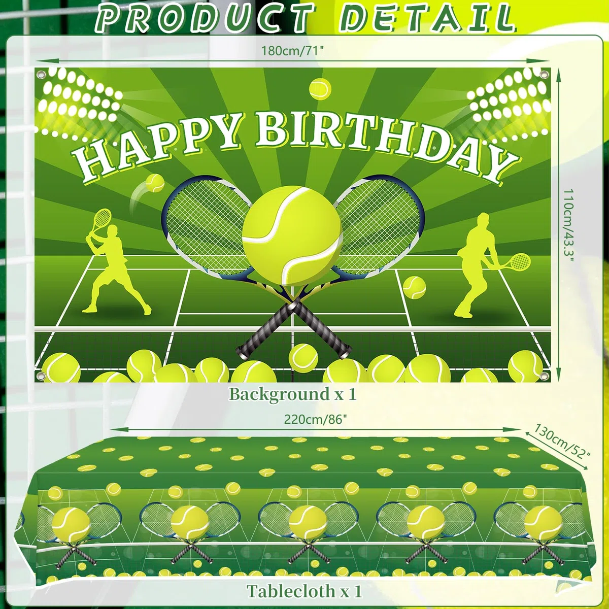 Decoraciones de fiesta de cumpleaños de tenis – Accesorios para fiestas de tenis incluyendo decoración de tartas, platos, decoración de tartas, vasos, servilletas, globos, manteles, para 20