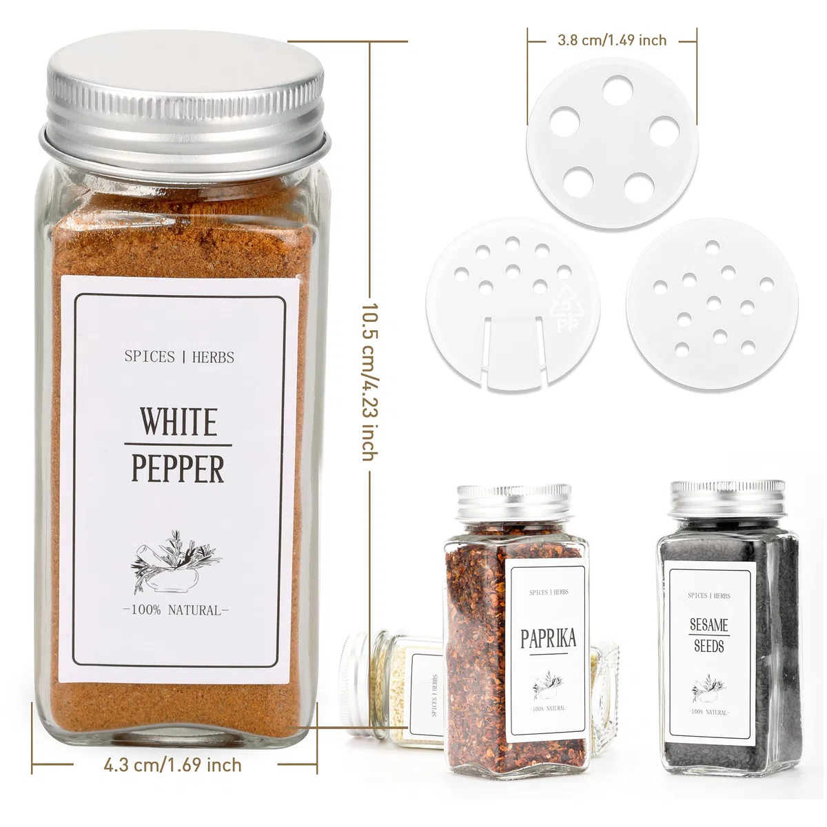 Tarros de especias con tapas, 25 unidades, tarros cuadrados de vidrio de 4 onzas con etiquetas, tapas de coctelera, 45 unidades, recipientes de especias de cocina de 4.2 onzas líquidas con bolígrafo