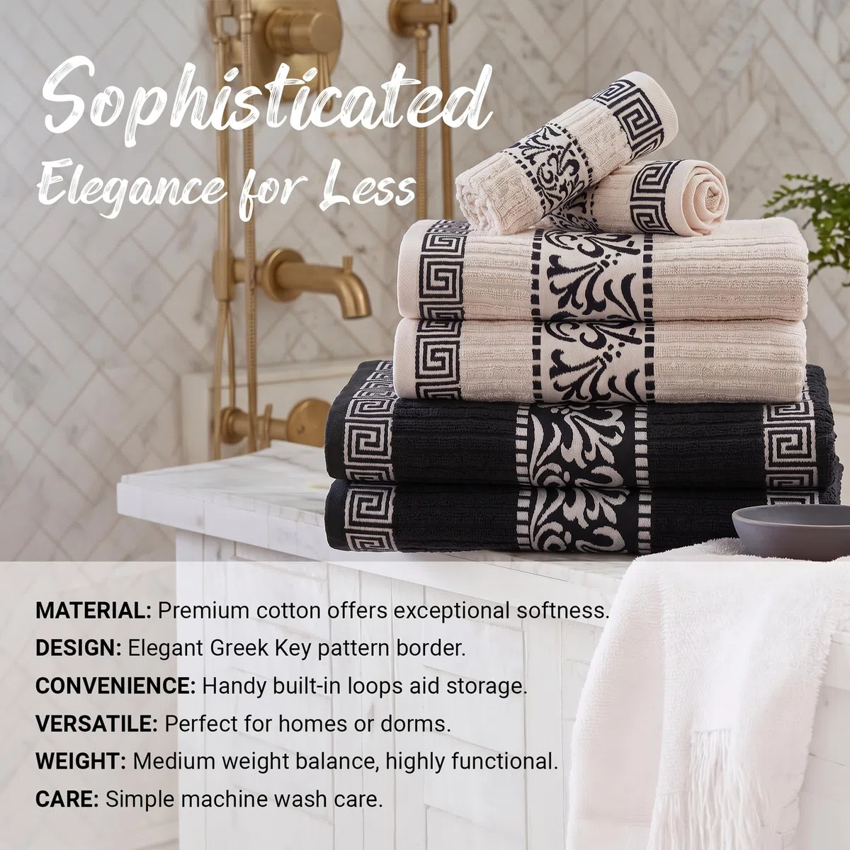 Superior Juego de Toallas Decorativas de 6 Piezas con patrón Griego, algodón Absorbente, decoración para baño, SPA, Incluye 2 Toallas de Mano, 2 Toallas de Cara y 2 de baño, Esenciales