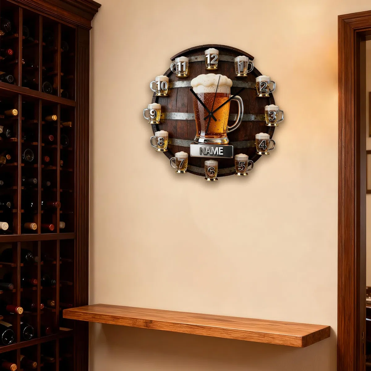 Reloj de pared personalizado con temática de cerveza para dormitorio, sala de estar, oficina, bar, club, nombre personalizado, Cheers, jarra de cerveza, arte de pared, impresión plana 2D, decoración