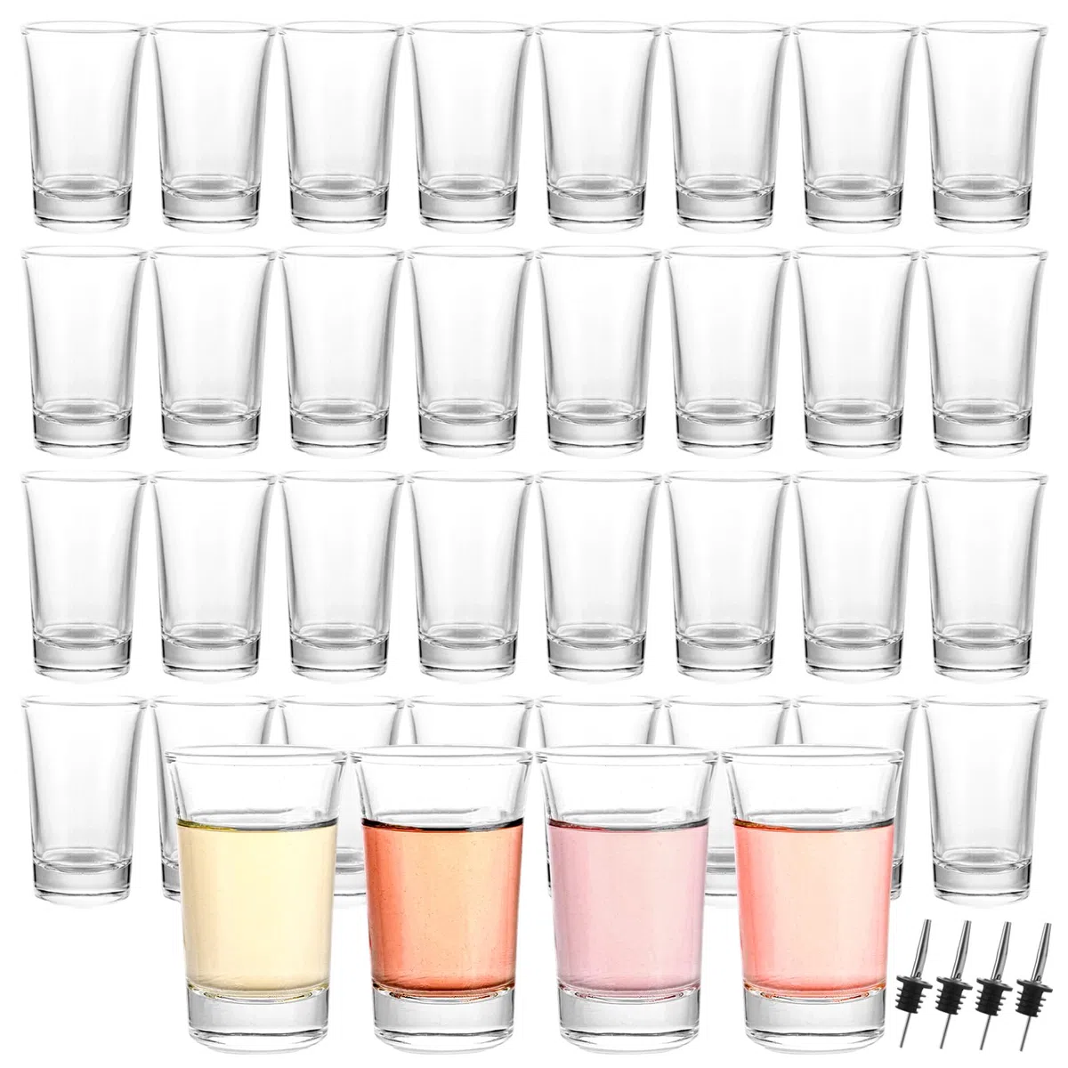 WOPPLXY Juego de 36 vasos chupito, chupitos cristal de 47 ml con 4 vertedores, vasos chupito cristal para tequila, schnapps y vodka