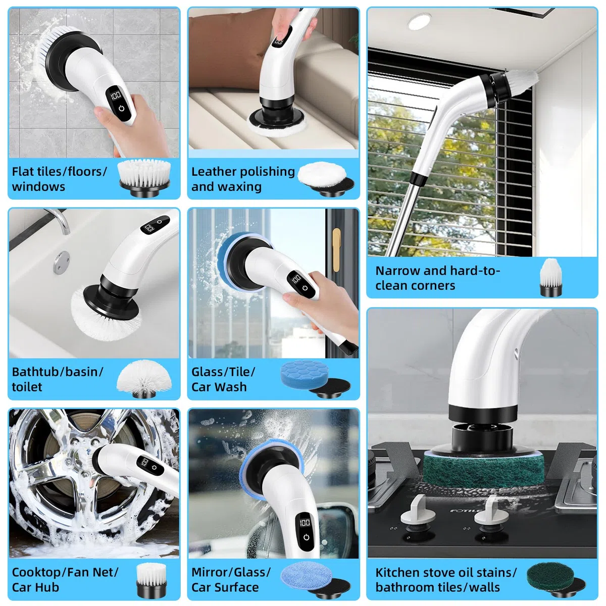 Cepillo de Limpieza Electrico, Limpiador Giratorio Eléctrico con 8 Cabezales De Cepillo De Repuesto,Cepillo Electrico Limpieza Hogar, IPX7 Fregadora Giratoria Hogar, Electrico Baño Brush 2 Velocidades