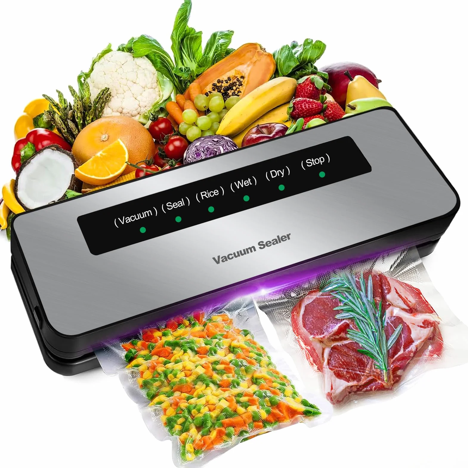 Maquina de Vacio para Alimentos 6 en 1, Selladora Automática de Alimentos Secos y Húmedos, Sellador al Vacío con 20 Bolsas de Vacío y Tubo de Vacío