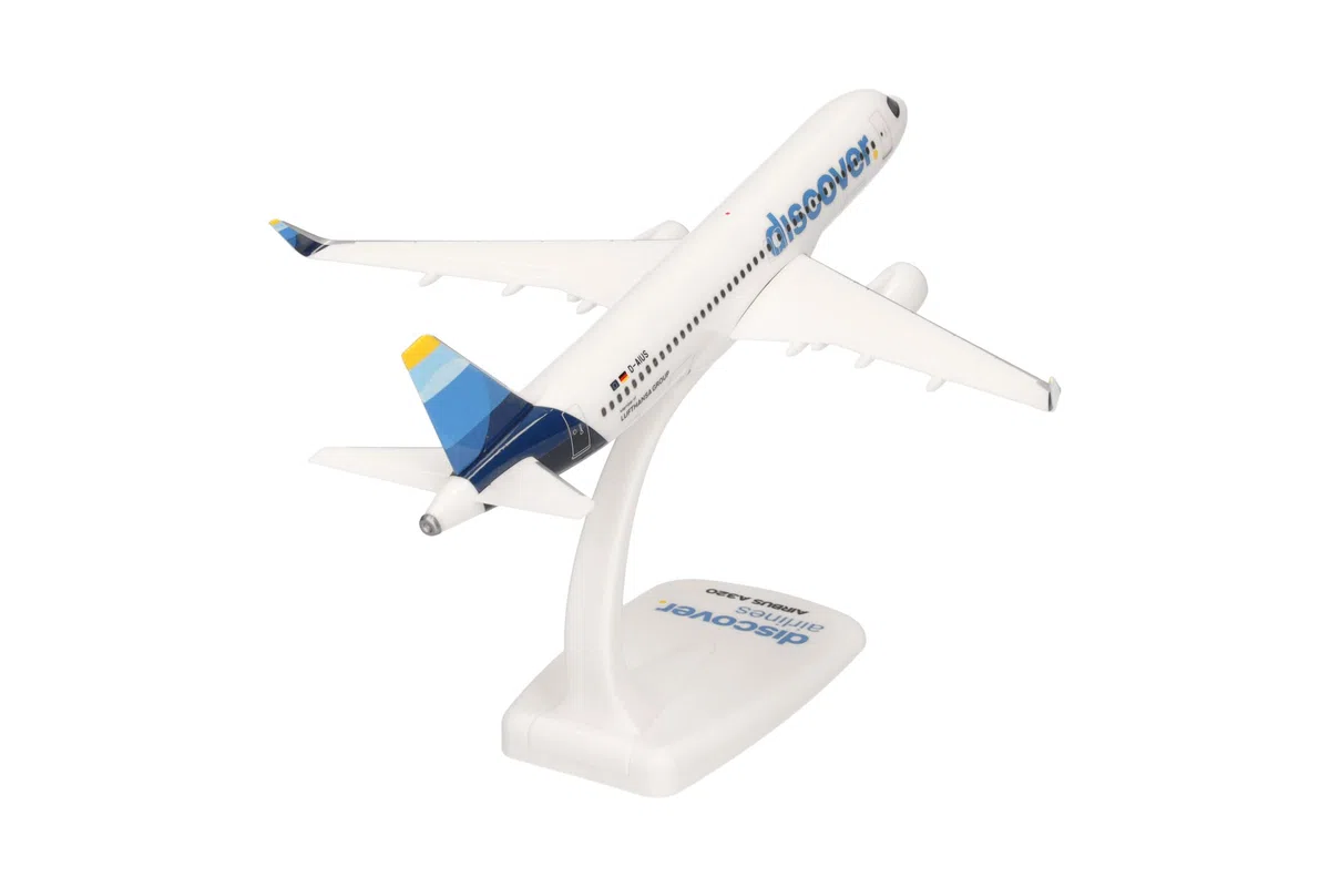 herpa Miniatura del avión Discover Airlines Airbus A320 - Snap-Fit, Escala 1/200, Modelo prefabricado, maqueta de colleción, modelismo, Avion con Soporte, Figura plástico