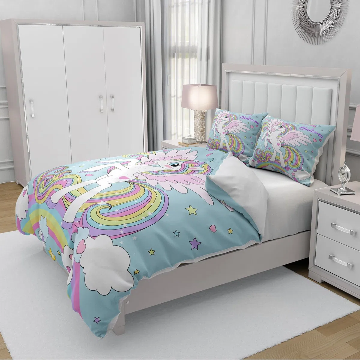 Juego de Ropa de Cama para niña con Unicornio Rosa,Juego de Funda nórdica Infantil con Estampado de Unicornio de Dibujos Animados,con arcoíris,Nubes y Caballos (135 x 200 cm, C)