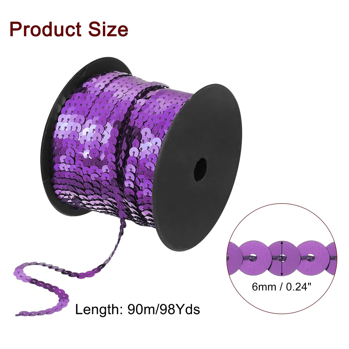 sourcing map Tira plana de lentejuelas de 6 mm, 98 yardas, rollo de cuerda de lentejuelas para proyectos de costura de flecos, color morado
