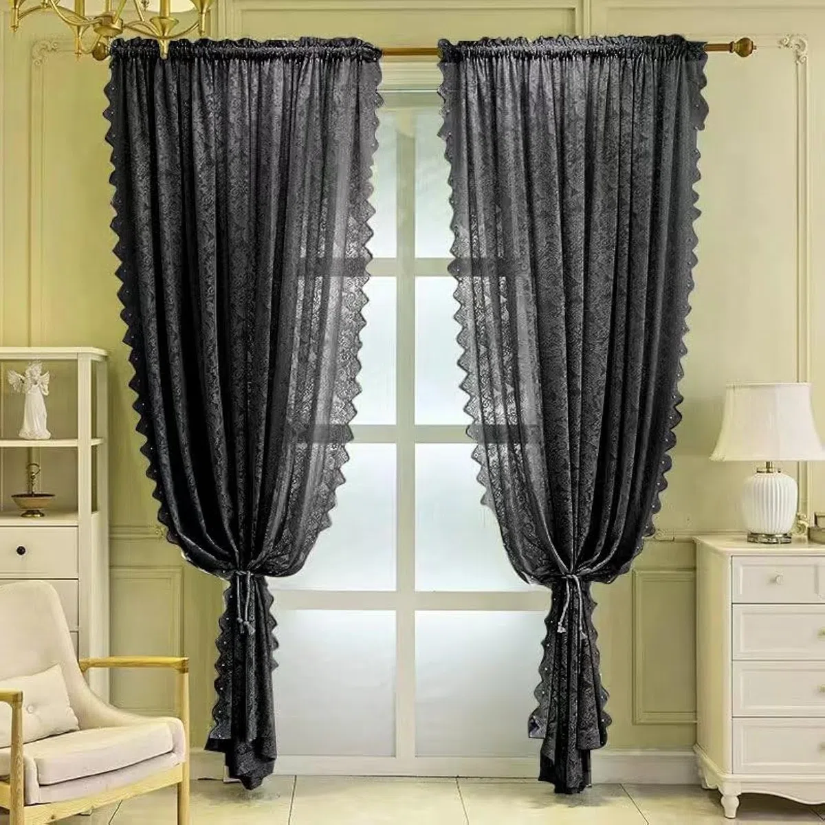 F-CHU Cortinas de Encaje para Ventanas de 54 Pulgadas, Vintage para Casa Antigua, Gasa Traslúcida, Shabby Chic, 2 Paneles (140 cm x 183 cm)