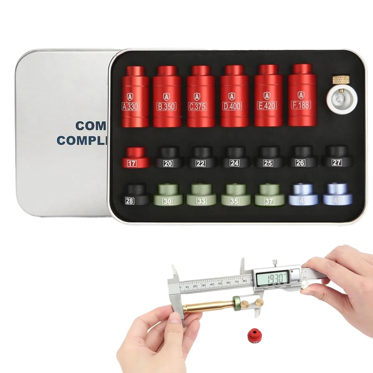 Kit Comparador De Calibre De Espacio De Cabeza | Equipo De Recarga De Balas De Aluminio | Herramienta De Medición De 14 Insertos Y 6 Bujes | Inspector De Distancia De Calibre De Precisión Para Un