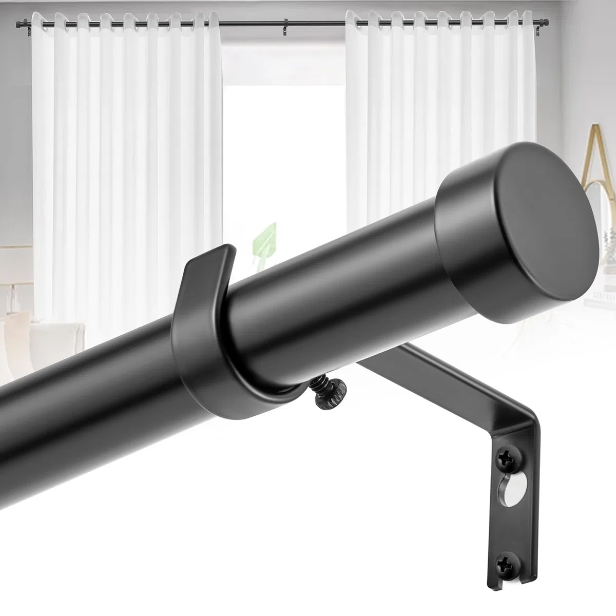 Barra de Cortina Ajustable y Extensible 76–305 cm Ø 25 mm, Barra de Cortina de Metal Negro con Soportes y Remates Decorativos para Salón, Dormitorio y Oficina