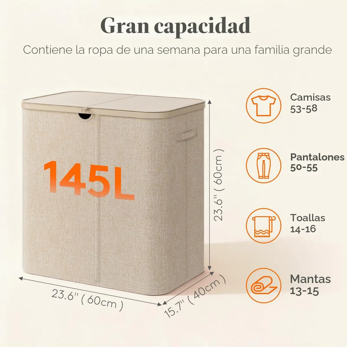 Lifewit Cesto Ropa Sucia de 2 Compartimentos con Tapa, Grande Cesta Ropa Sucia con Bolsas Extraíbles y Asas, Cubo Ropa Sucia para Dormitorio, Lavandería, Baño y Salón, 145L, Beige
