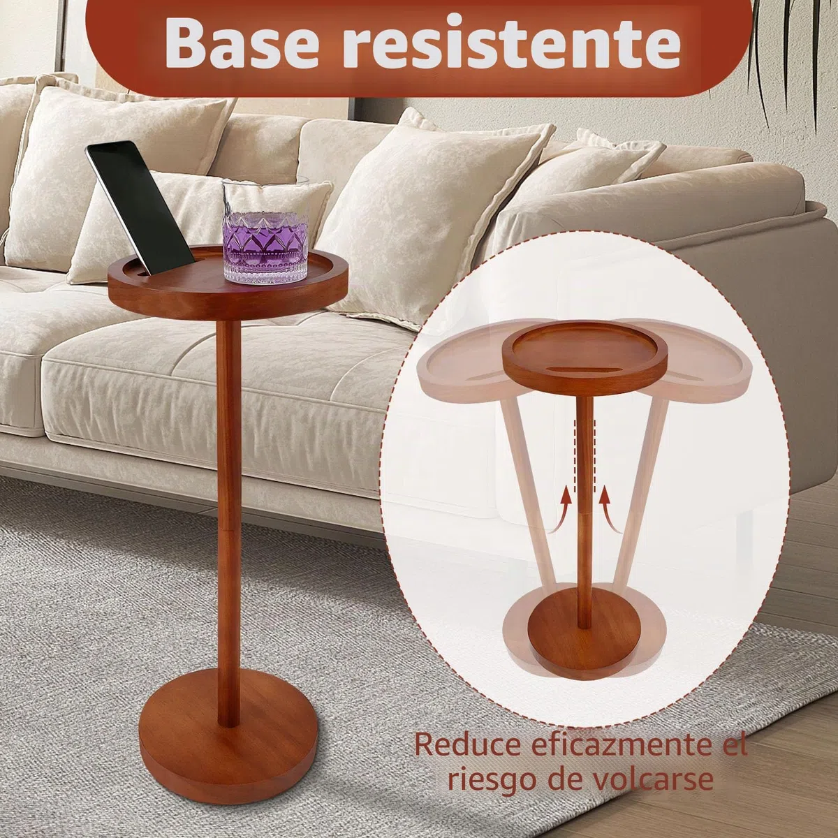 NIHUIFDPY Mesa auxiliar pequeña redonda de madera con soporte para teléfono, 23,8 x 55 cm, mesita de noche, sofá, mesas auxiliares para espacios pequeños, sala de estar, dormitorio, balcón y patio