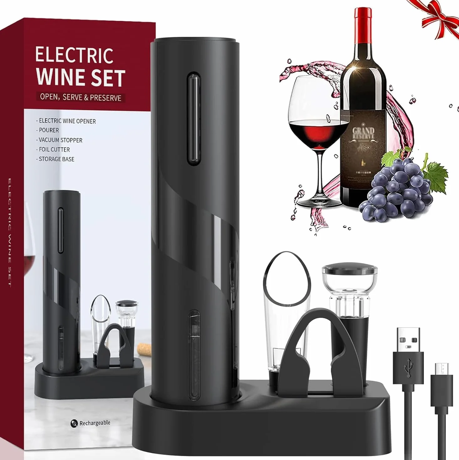 Sacacorchos Eléctrico, USB Recargable Abridor de Vino Automatico Profesional 6 en 1 con Base, Cortacapsulas Botella, Vertedor de Vino, Tapón de Vino de Vacío