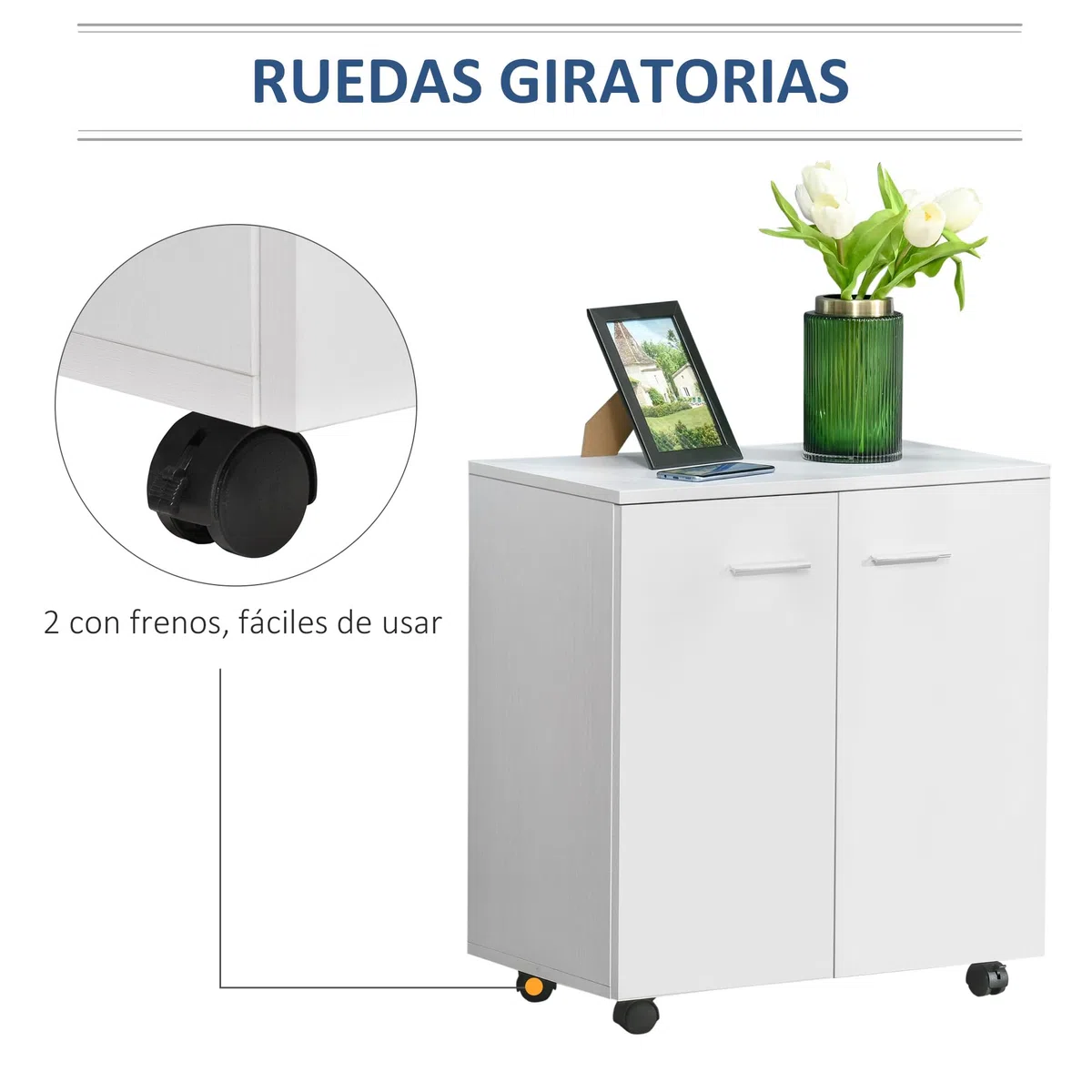 HOMCOM Mesa Armario Movil Mueble TV con Ruedas y 2 Puertas 60x35x65cm | de Madera, Consola Cajonera