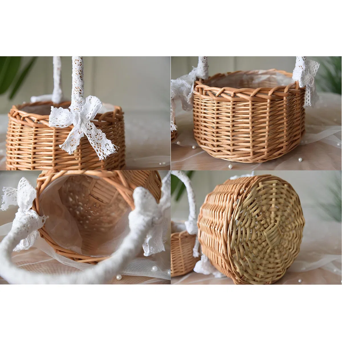 2 Piezas Cestas Pequeñas Mimbre con Asa, Boda Flor Cesta, Cesta de Paja, Cesta para Comuniones, Cestas Tejidas con Lazo, Cesta de Flores Tejida para Boda Ceremonia Fiesta, Decoración Del Jardín