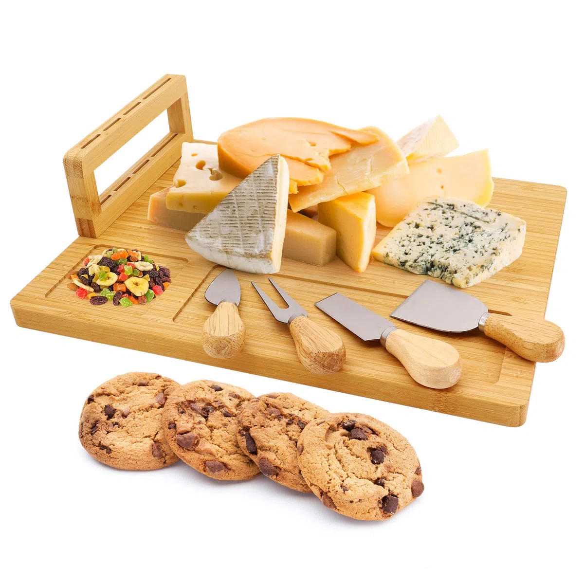 Juego de tabla de queso 100% bambú natural con juego de 4 cuchillos de queso y utensilios para servir para bodas, cumpleaños, aniversarios, Navidad