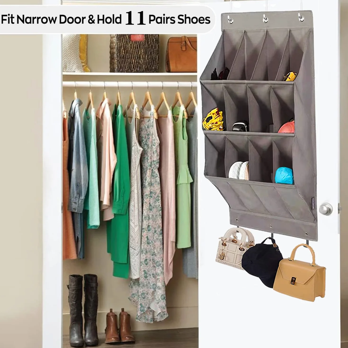 Organizador de zapatos sobre la puerta, paquete almacenamiento de zapatos colgantes, almacenamiento de varios compartimentos con 6 ganchos, zapatero para zapatos, accesorios(L)