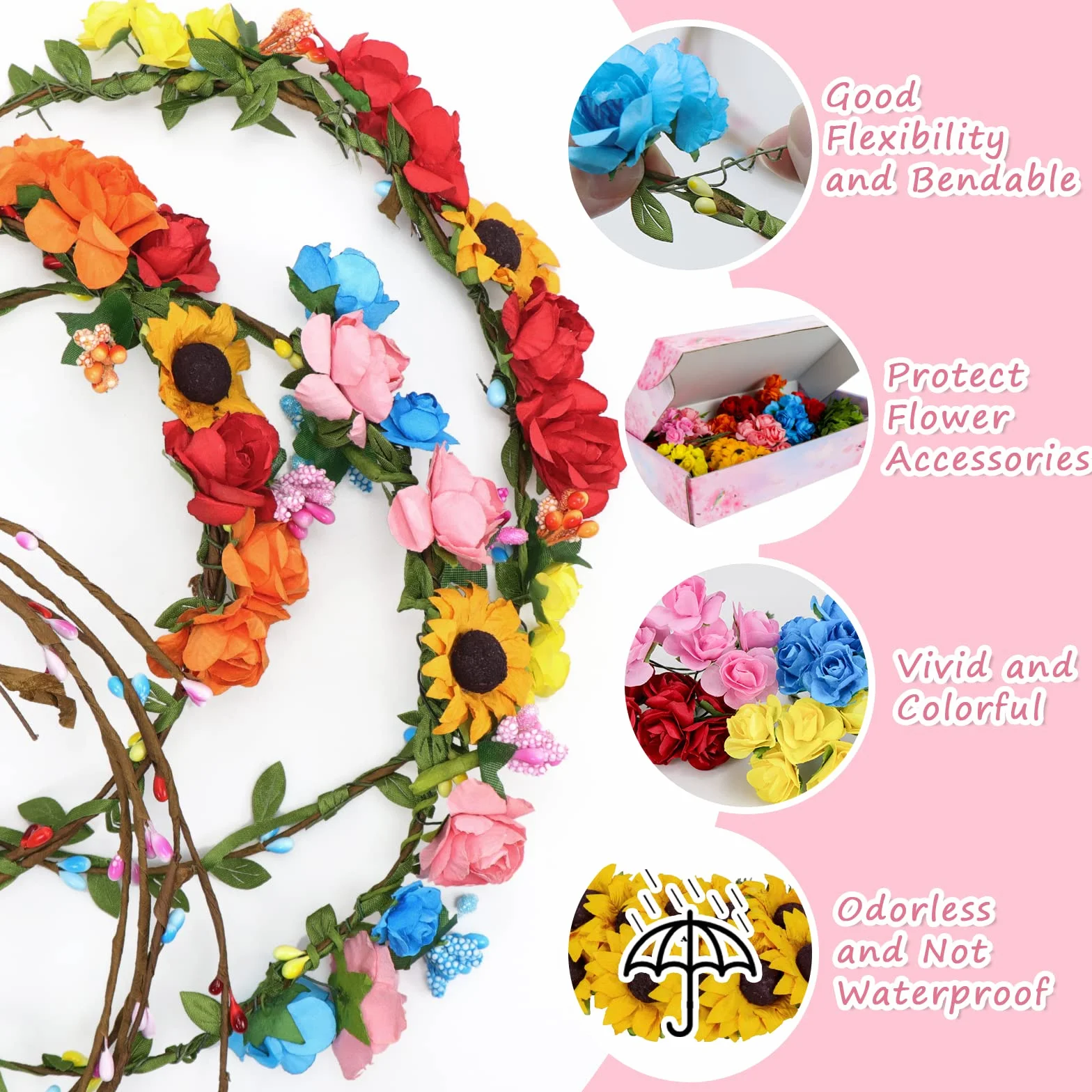 Meetory Corona de flores para niños, decoración para el cabello, kit de manualidades para niños, cumpleaños infantiles, accesorios para el cabello, fiesta de boda/vacaciones/cumpleaños