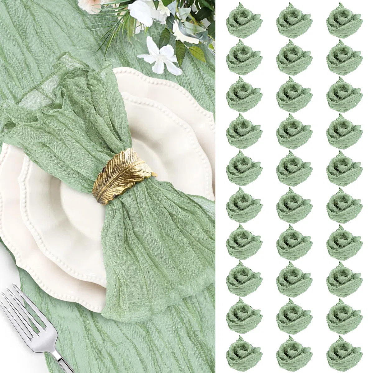 Servilletas de Tela dobladas Bohemias Verdes, servilletas de Tela agradablemente Suaves de Lino, Camino de Mesa de estopilla Verde Salvia 50 x 50 cm, servilletas Decorativas rústicas(30)