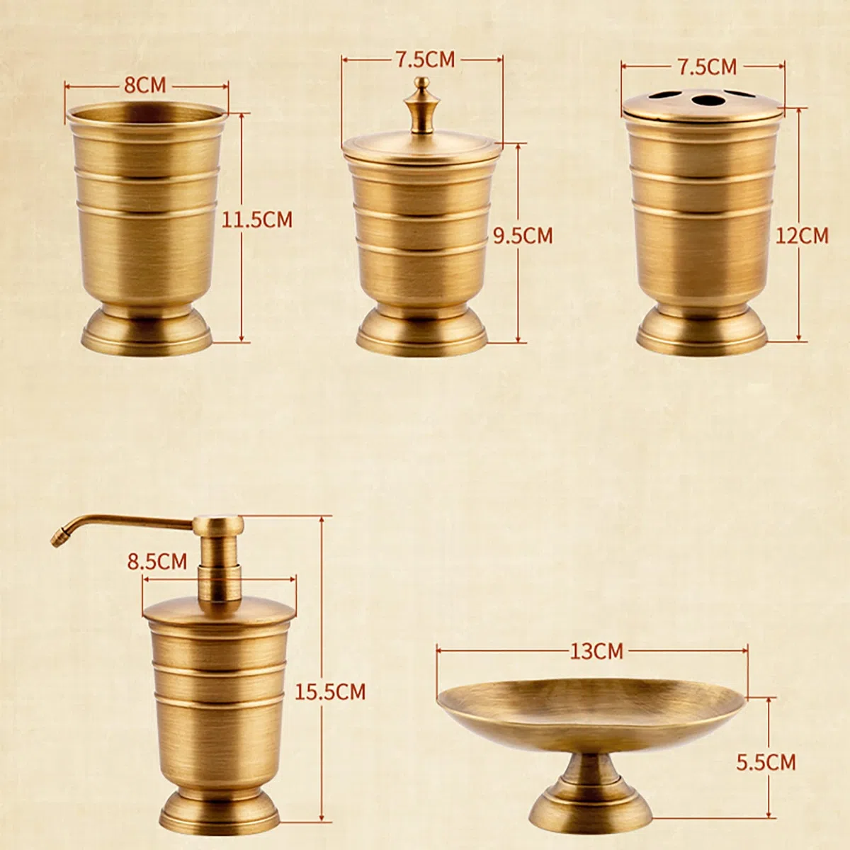 Juegos de Accesorios de baño, Cobre Acesorios Cuartos de Baño 6 Piezas con Dispensador Jabon Baño, Jabonera Baño, Porta Cepillo de Dientes, para Champú, Antiguo Oro