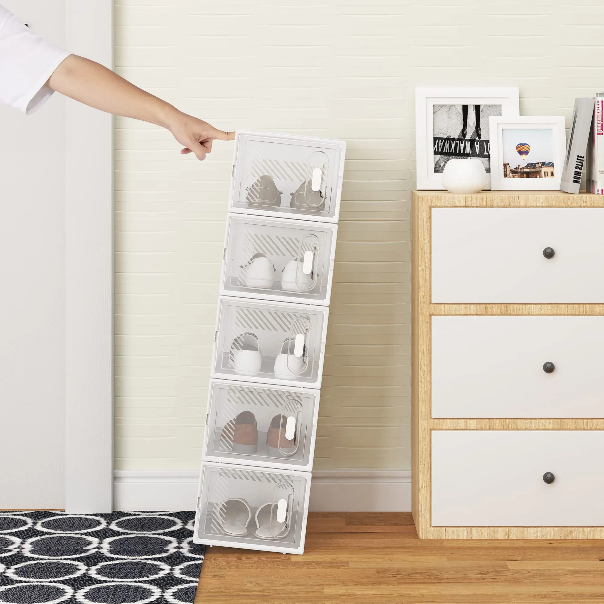WOLTU 12X Cajas de Zapatos Transparentes, Cajas de Plástico Apilables y Plegables, Organizador de Almacenaje de Guardarropa, Zapateros con Tapa Frontal, 35x25x19 cm