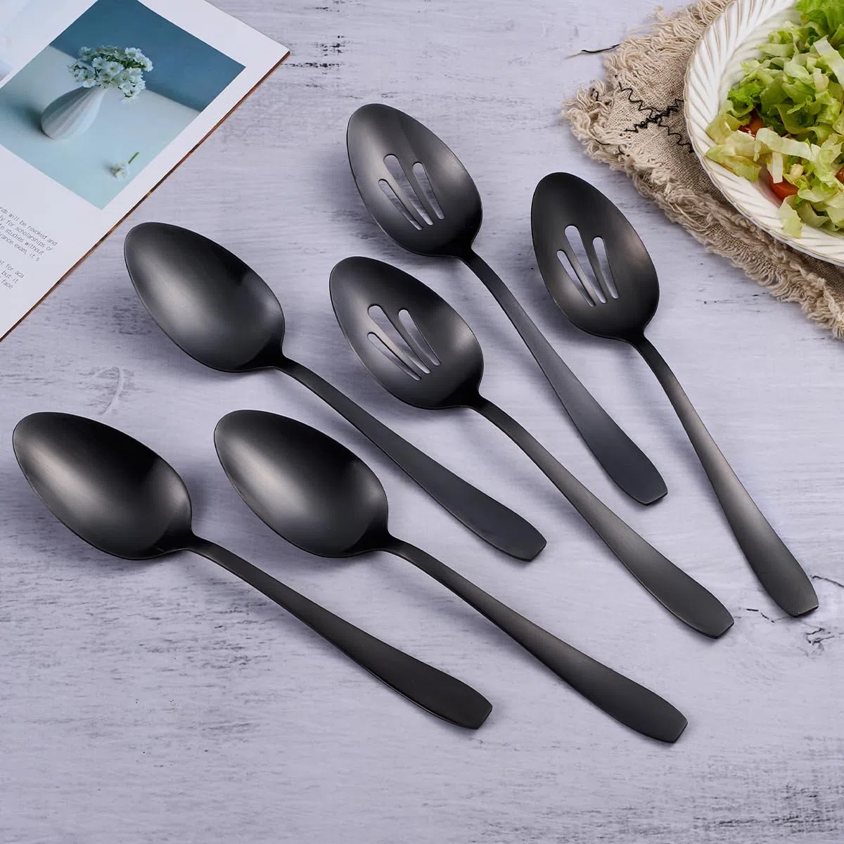 Juego de 6 piezas de servir grandes, 3 cucharas y 3 cucharas ranuradas, utensilios de acero inoxidable negro mate de 10.6 pulgadas, aptos para lavavajillas, para cocina, bufé, fiesta