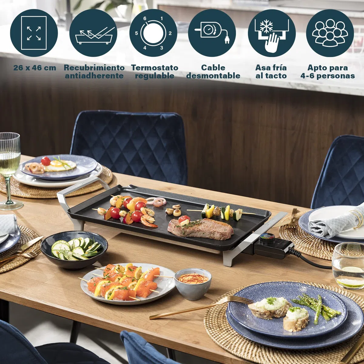 Princess 103110 Table Chef Premium XL, 46 x 26 cm, Plancha grande para cocinar sin aceite de aluminio fundido con revestimiento antiadherente, Asas frías al tacto, Termostato regulable, 2500 W