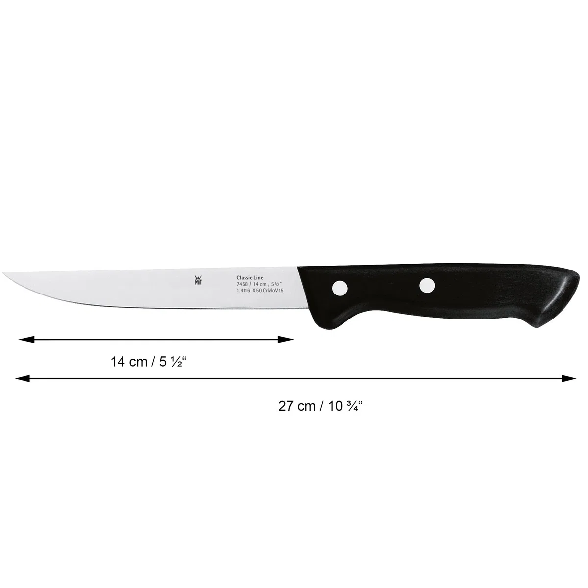 WMF Classic Line - Cuchillo de preparación de 27 cm, Hoja de Acero Especial, Mango de Plástico Negro, Hoja de 14 cm