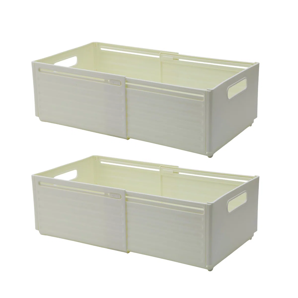 Juego de 2 cajones extensibles organizadores ajustables 28-48 cm, caja de almacenamiento sin tapa para cocina, armario, frigorífico, caja organizadora, cesta de plástico, color crema y blanco