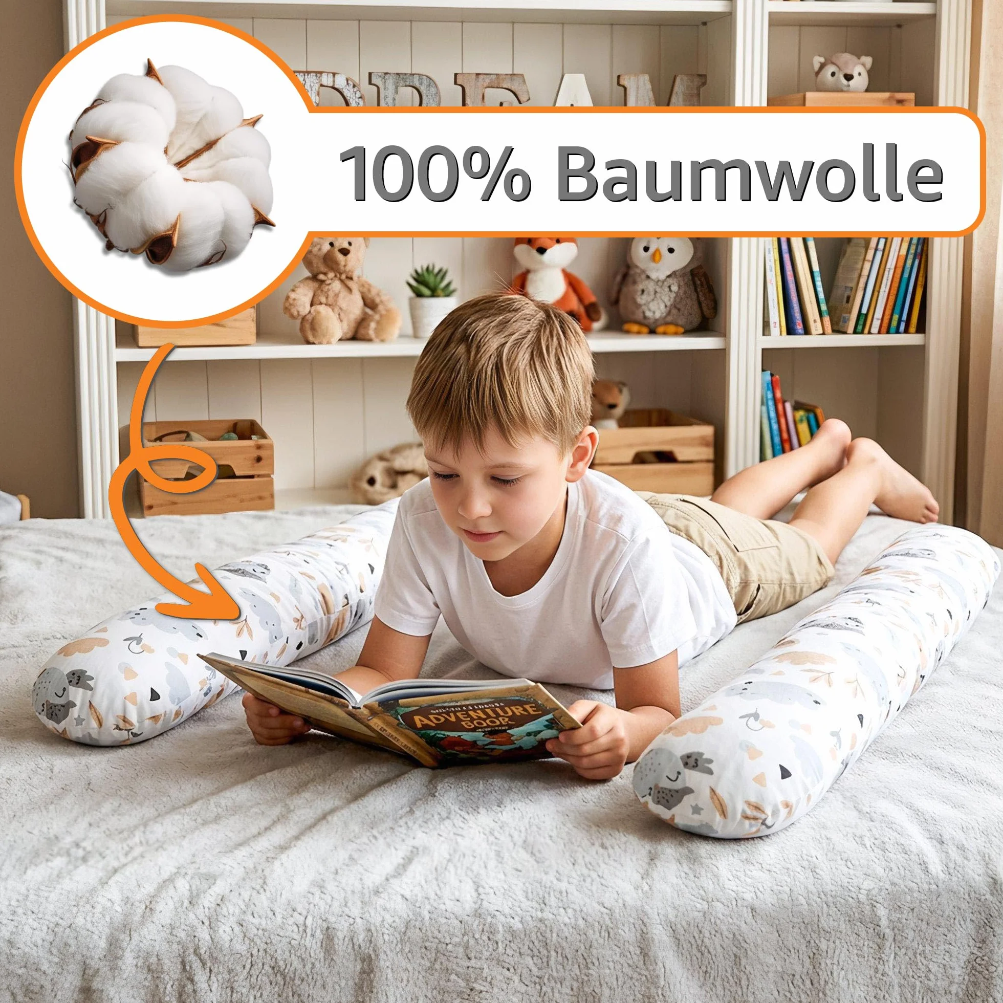 Totsy Baby Almohada para Dormir de Lado algodón 200 cm Algodón - cojin Cervical Enrollable Lavable Cojines Grandes Almohada para el Cuerpo Oeko-Tex Ciervo