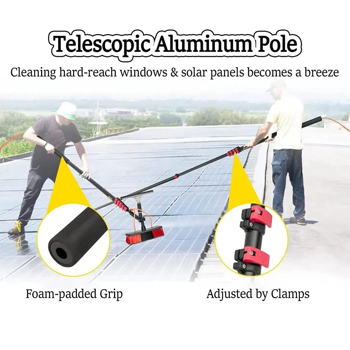 Cepillo telescópico de limpieza de vidrio, equipo de limpieza de ventanas alimentado por agua, cabezal de cepillo de 35 cm con escobilla de goma, alcance de 10,8 m para techo de invernadero