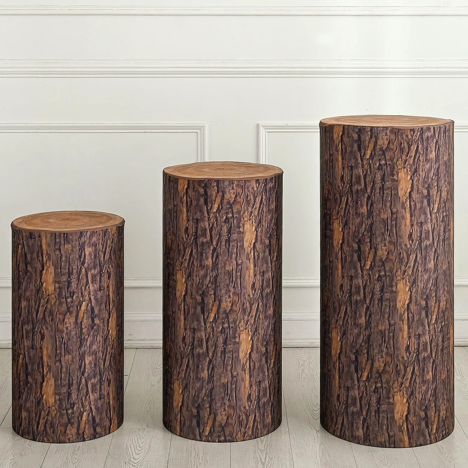 QUARKZMAN Juego De 3 Fundas Para Bases De Cilindro Con Textura De Madera De Spandex, Funda Para Base De Plinto Para Decoración, Solo Contiene Fundas De Cilindro (Tela Elástica - Grande)