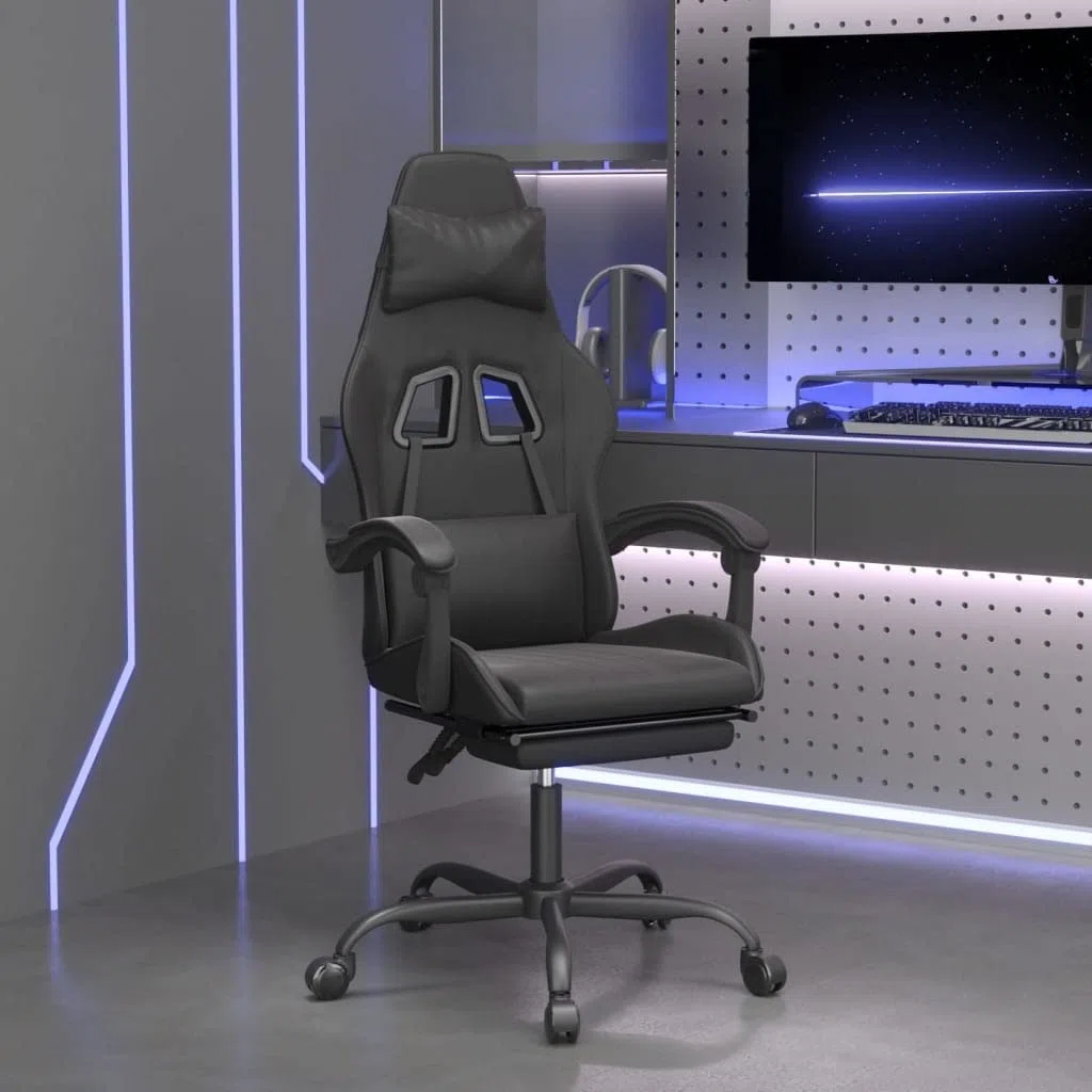 Silla para videojuegos con reposapiés y ruedas, piel sintética, ergonómica, altura regulable, giratoria, con reposabrazos y cojín lumbar para oficina, oficina en casa y comodidad para jugar