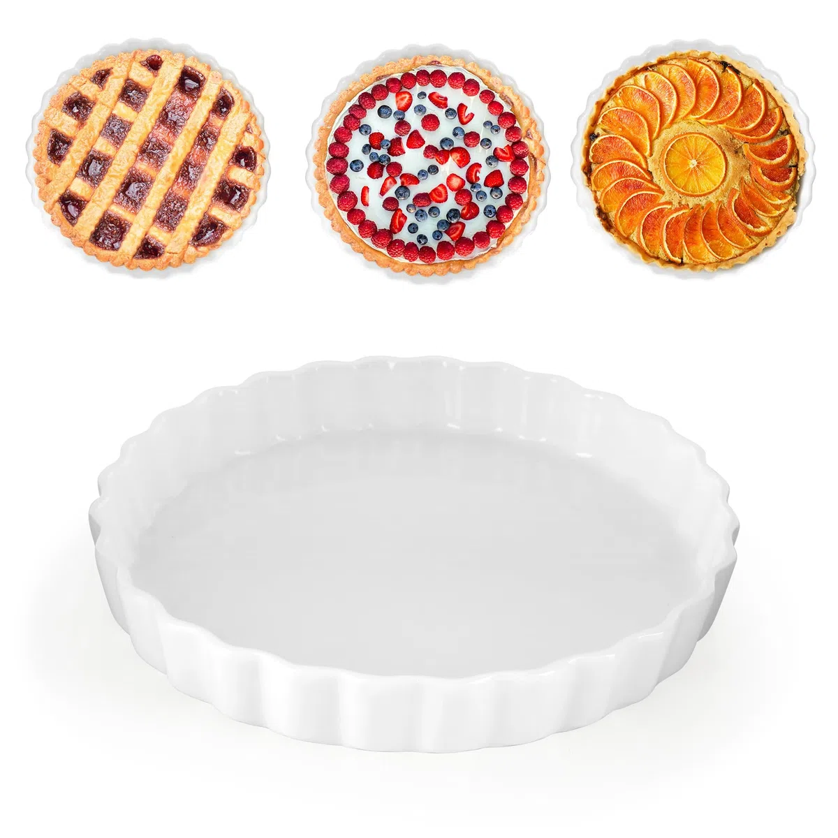 Plato de cerámica para quiche para el horno, 22 cm, molde para tartas para hornear, antiadherente, redondo, molde para quiche, color blanco