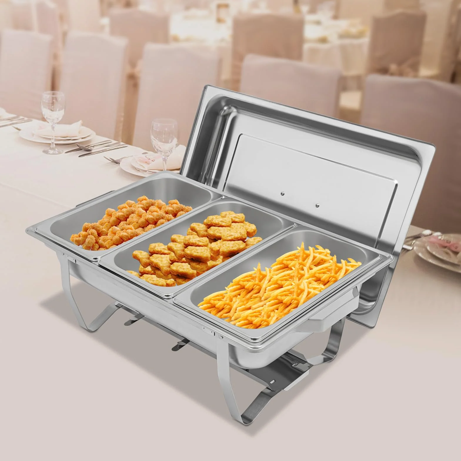 Chafing Dish - Calentador de alimentos de acero inoxidable de 5 litros con tapa, calentador de buffet, accesorio para catering, buffet y fiestas (3 recipientes de 1/3 GN)