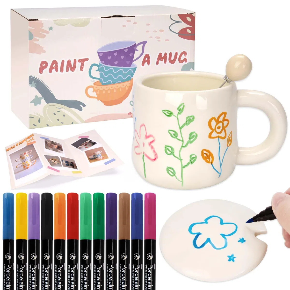 KKSJK Pintar Cerámica Kit Taza, Tapa, Asa y Cuchara, Taza Blanca y Rotuladores de Porcelana, Kit de Bricolaje Ocio Creativo para Adultos, Aptos para Lavavajillas