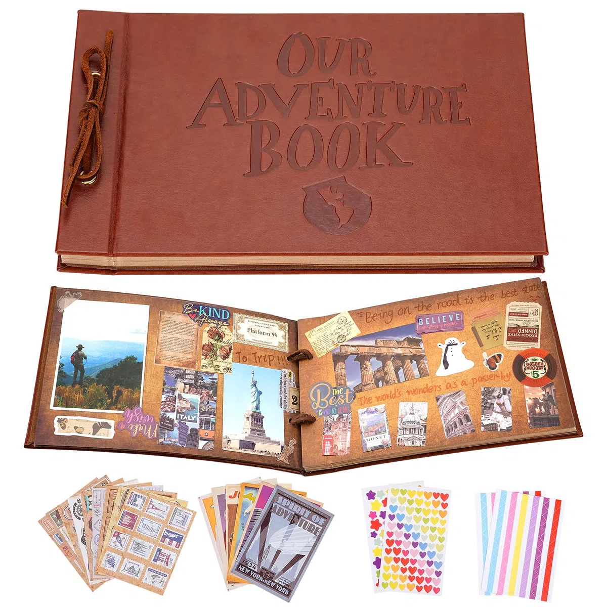 Our Adventure Book scrapbooking, 30 x 19 cm 80 páginas album fotos para pegar y escribir, libro de recortes de viajes de cuero con texto en relieve 3d, para aniversarios, navidad, regalos del día de l